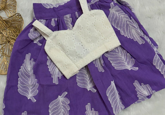 Chic White and Purple Leaf Print Lehenga
