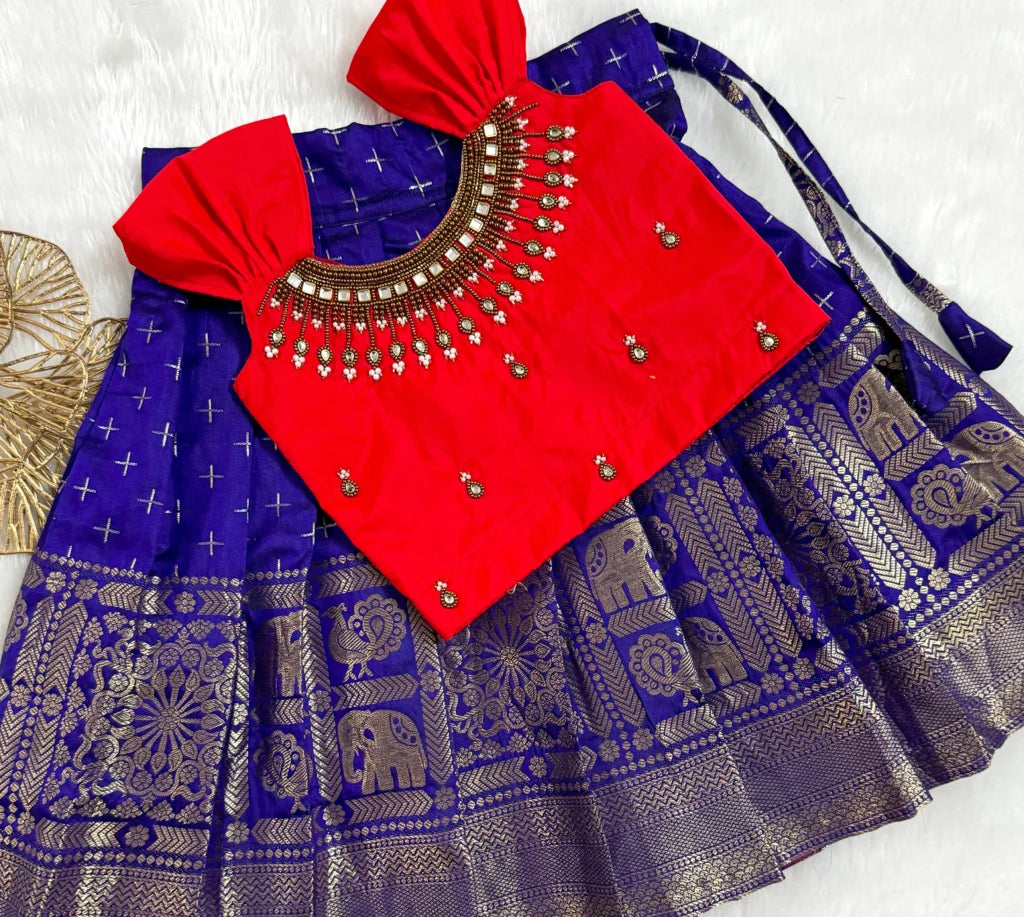 Royal Blue and Red Banarasi Lehenga Set