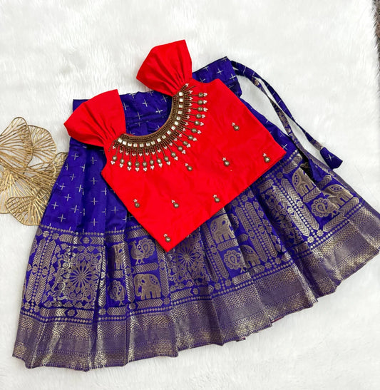 Royal Blue and Red Banarasi Lehenga Set