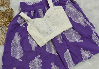 Chic White and Purple Leaf Print Lehenga