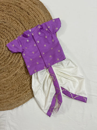Purple and White Kids Pattu Dhoti Set