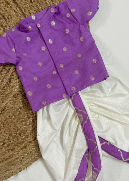 Purple and White Kids Pattu Dhoti Set