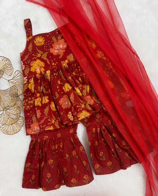 Red Floral Peplum Shahara set