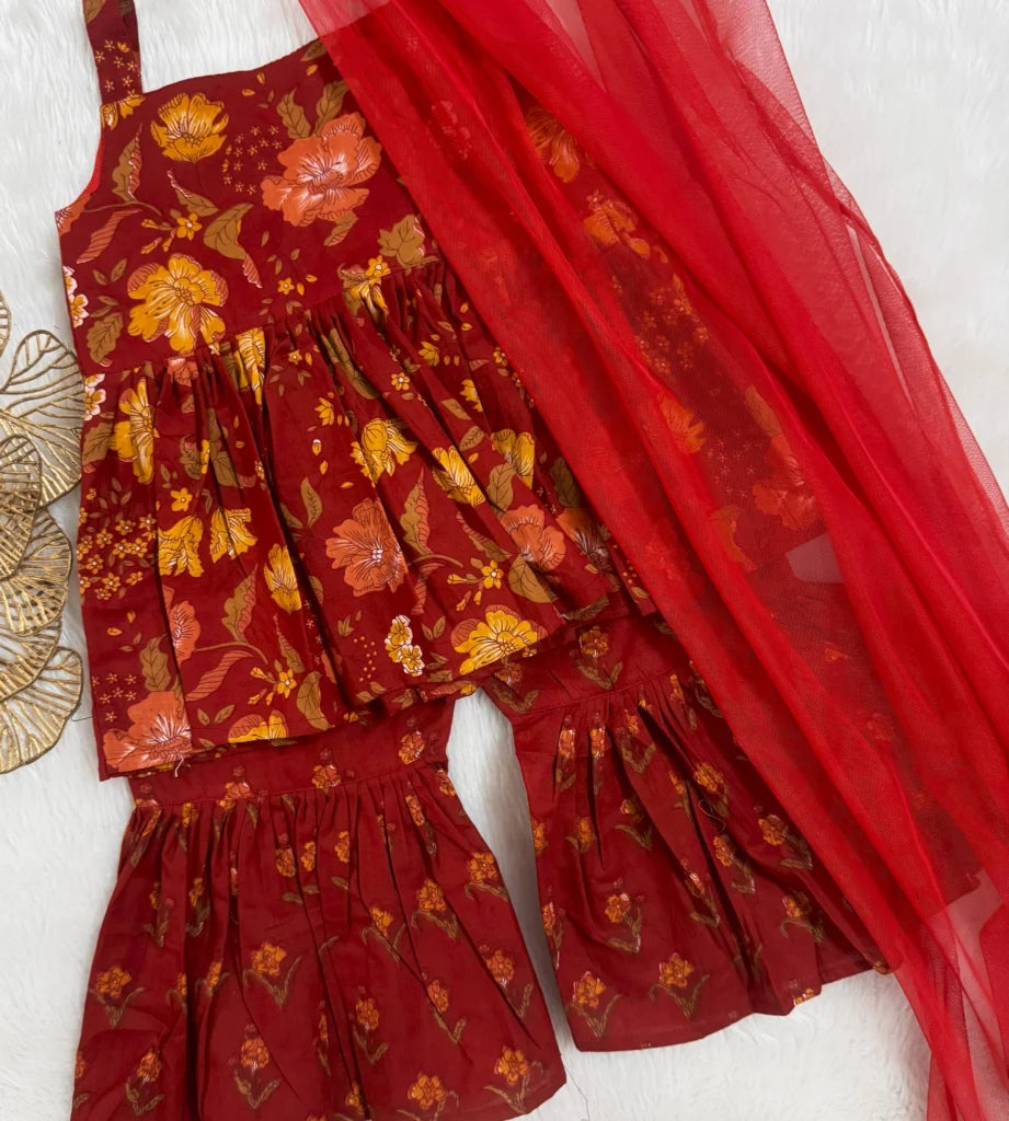 Red Floral Peplum Shahara set