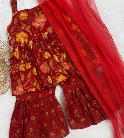 Red Floral Peplum Shahara set