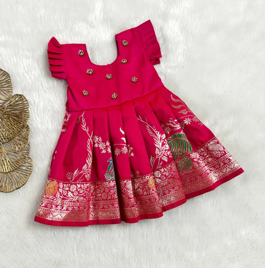 Red Silk Frock with Zari Embroidery