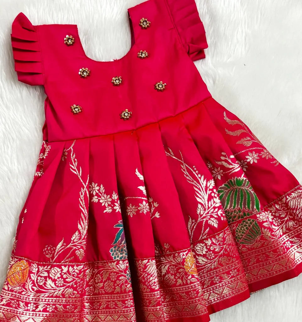 Red Silk Frock with Zari Embroidery